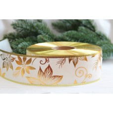 Стрічка НГ "Золота пуансетія на білому № 3" 6,3 см , 13 метрів
