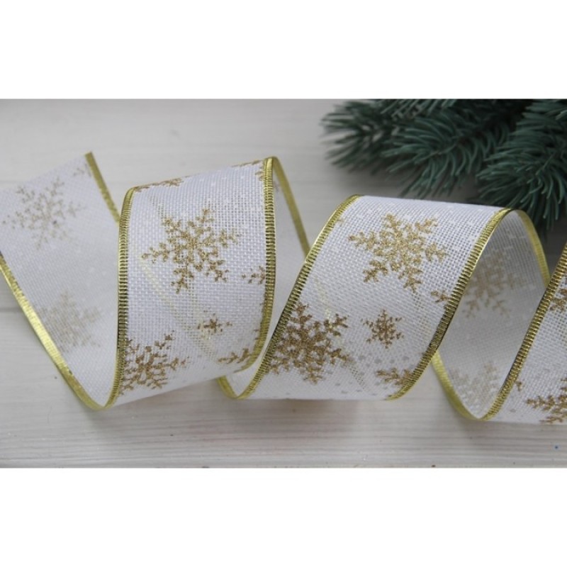 Стрічка декор НГ "Сніжинки на мішковині No 2" біла із золотом, 13 метрів