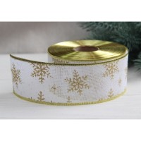 Стрічка декор НГ "Сніжинки на мішковині No 2" біла із золотом, 13 метрів