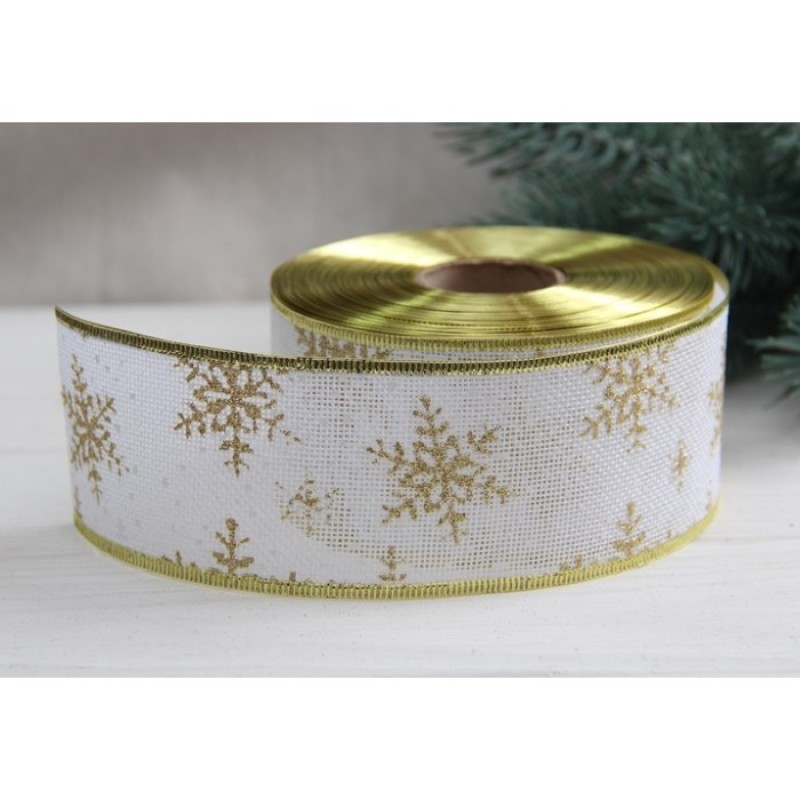 Стрічка декор НГ "Сніжинки на мішковині No 2" біла із золотом, 13 метрів