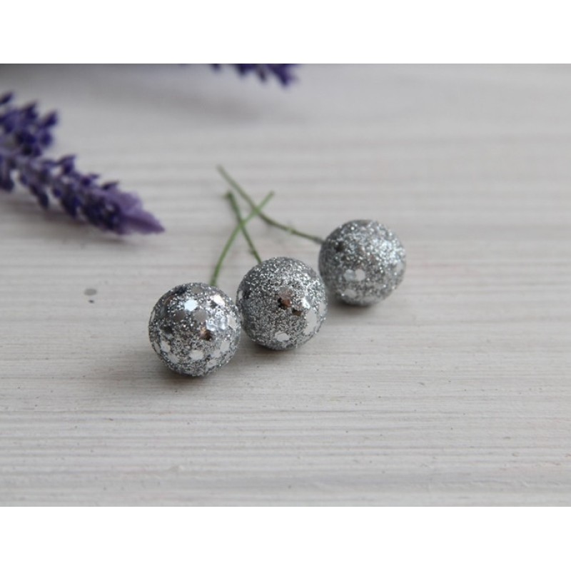 Ягідка на паличці з блискітками срібло 128 шт