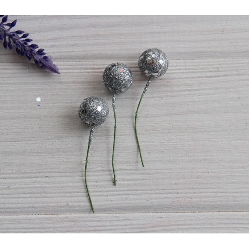 Ягідка на паличці з блискітками срібло 128 шт