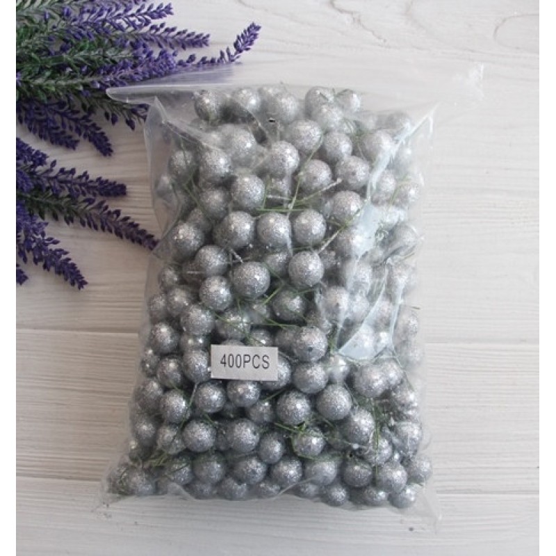 Ягідка на паличці з блискітками срібло 128 шт