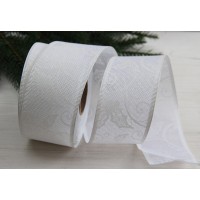 Лента  новогодняя  6,3 см  "  Падуб и завитки  на мешковине  "  , белая    рулон 22,5 метров