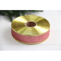 Стрічка блискуча новорічна 3,8" Метал ", рожева із золотом рулон 25 метрів