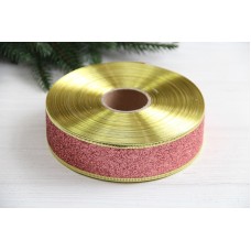 Стрічка блискуча новорічна 3,8" Метал ", рожева із золотом рулон 25 метрів
