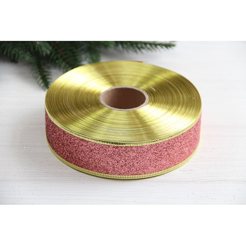 Стрічка блискуча новорічна 3,8" Метал ", рожева із золотом рулон 25 метрів