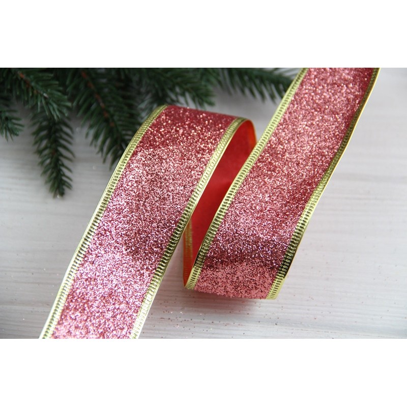 Стрічка блискуча новорічна 3,8" Метал ", рожева із золотом рулон 25 метрів