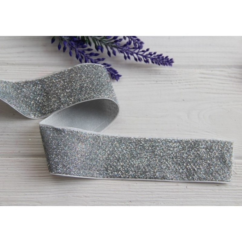 Стрічка оксамитова "ОМБРЕ 4 см",  срібло голограама  рулон 27 метрів