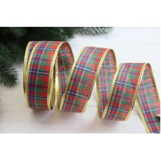 Стрічка новорічна 3,8 см "Шотландка , імітація в'язки" червоно зелена рулон 22 метрів