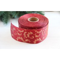 Лента  новогодняя 6,3 см  " Завитки на атласе № 5  "  , золото на бордовом   7 метров