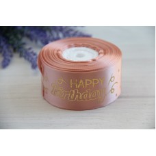 Лента атласная 4 см " Happy Birthday"  ПУДРА   рулон 18 метров