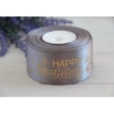 Лента атласная 4 см " Happy Birthday"  СЕРАЯ рулон 18 метров