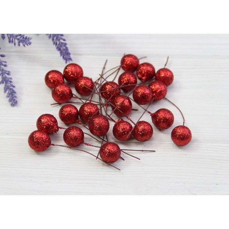 Ягідка на паличці з блискітками  червона 259 шт