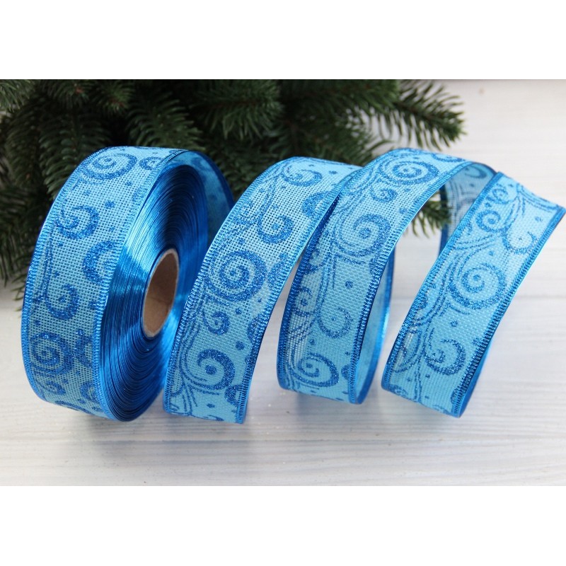 Стрічка мішковина " Завиток 3,8 см " блакитна рулон 18 метрів