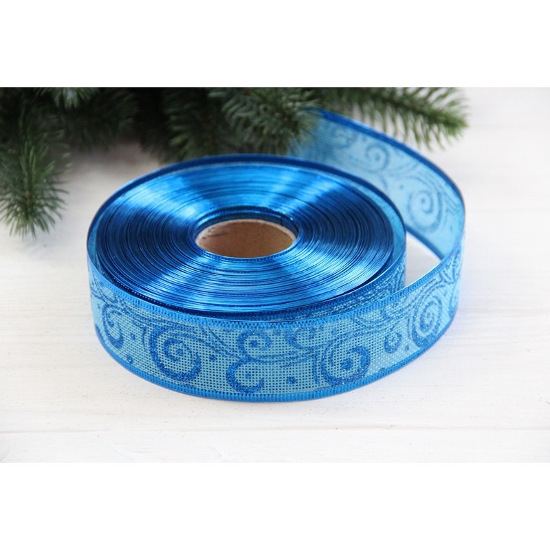 Стрічка мішковина " Завиток 3,8 см " блакитна рулон 18 метрів