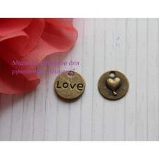 Подвеска двусторонняя круглая " Love" бронза   10 шт