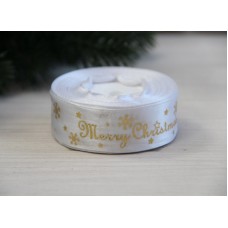 Атлас " Merry Christmas  со снежинками "  2,5 см  белый       рулон 22.5 метра