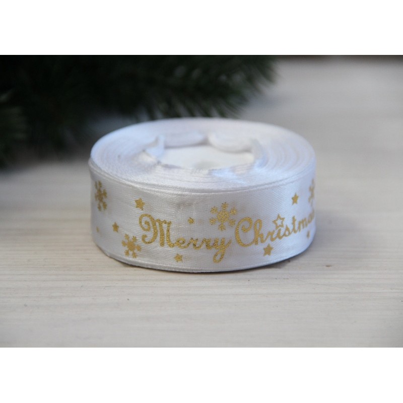 Атлас " Merry Christmas  со снежинками "  2,5 см  белый       рулон 22.5 метра