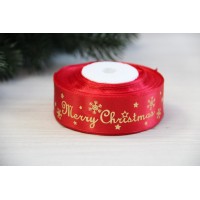 Атлас " Merry Christmas со снежинками   "  2,5 см  красный       рулон 22.5 метра