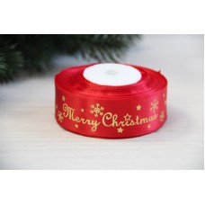 Атлас " Merry Christmas со снежинками   "  2,5 см  красный       рулон 22.5 метра