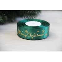 Атлас " Merry Christmas зі сніжинками   "  2,5 см  темно зелений    рулон 22.5 метри