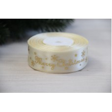 Атлас " Merry Christmas со снежинками  "  2,5 см  бежевый       рулон 22.5 метра