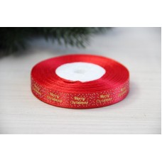 Атлас " Merry Christmas с горошками   " 1.2 см  красный       рулон 22.5 метра