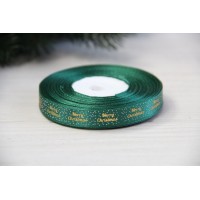 Атлас " Merry Christmas з горошками   "  1.2 см темно зелений    рулон 22.5 метри