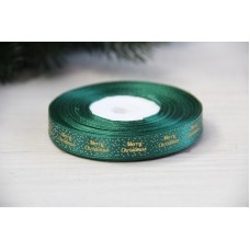 Атлас " Merry Christmas с горошками   " 1.2 см  темно зеленый       рулон 22.5 метра