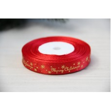 Атлас " Merry Christmas со снежинками  " 1.2 см  красный       рулон 22.5 метра