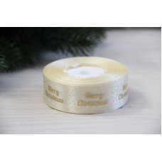 Атлас "  Merry Christmas с горошками     "  2,5 см бежевый       рулон 22.5 метра