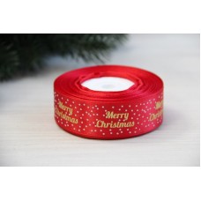 Атлас "  Merry Christmas с горошками     "  2,5 см красный       рулон 22.5 метра