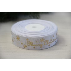 Репс  " Merry Christmas со снежинками "  2,5 см  белый       рулон 22.5 метра
