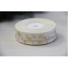Репс  " Merry Christmas со снежинками "  2,5 см бежевый       рулон 22.5 метра