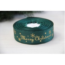 Репс  " Merry Christmas со снежинками "  2,5 см  темно зеленый        рулон 22.5 метра