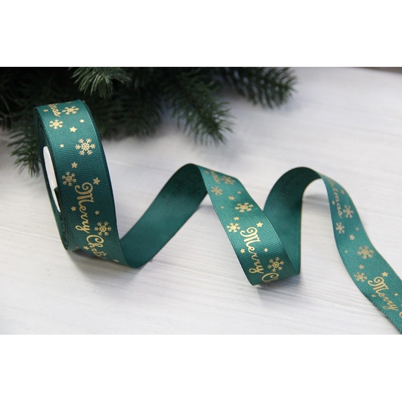 Репс  " Merry Christmas со снежинками "  2,5 см  темно зеленый        рулон 22.5 метра