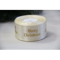 Атлас "  Merry Christmas с горошками     "  4 см  бежевый       рулон 22.5 метра