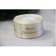 Атлас "  Merry Christmas с горошками     "  4 см  бежевый       рулон 22.5 метра