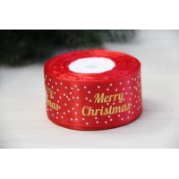 Атлас "  Merry Christmas с горошками     "  4 см  красный       рулон 22.5 метра