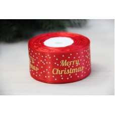Атлас "  Merry Christmas с горошками     "  4 см  красный       рулон 22.5 метра