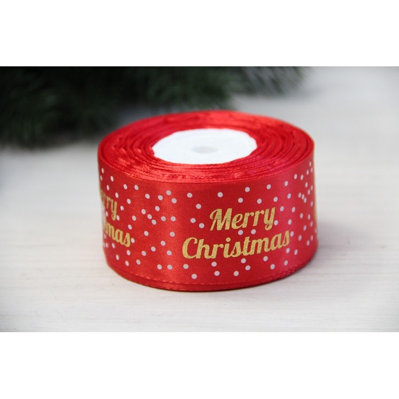 Атлас "  Merry Christmas с горошками     "  4 см  красный       рулон 22.5 метра