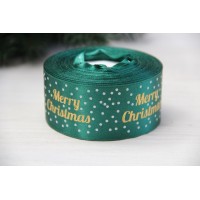 Атлас "  Merry Christmas с горошками     "  4 см  темно зеленый       рулон 22.5 метра