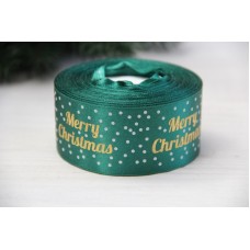 Атлас "  Merry Christmas с горошками     "  4 см  темно зеленый       рулон 22.5 метра
