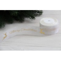 Органза   " Merry Christmas з оленями    "  4 см  біла  рулон 22.5 метри