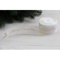 Органза   "  Merry Christmas с оленями  "  4 см  белая        рулон 22.5 метра