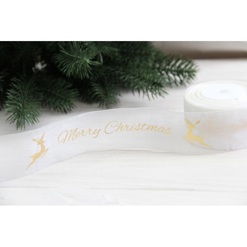 Органза   " Merry Christmas з оленями    "  4 см  біла  рулон 22.5 метри