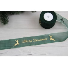 Органза   "  Merry Christmas с оленями  "  4 см  темно зеленая         рулон 22.5 метра
