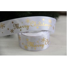 Атлас "  Merry Christmas со снежинками      "  4 см  белый       рулон 22.5 метра