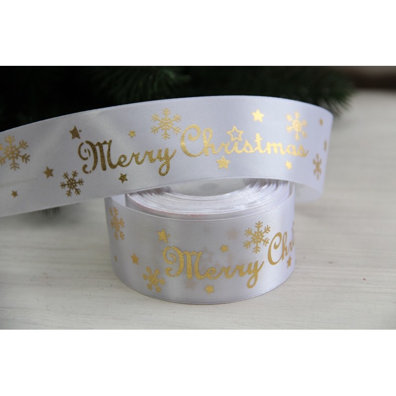 Атлас "  Merry Christmas со снежинками      "  4 см  белый       рулон 22.5 метра